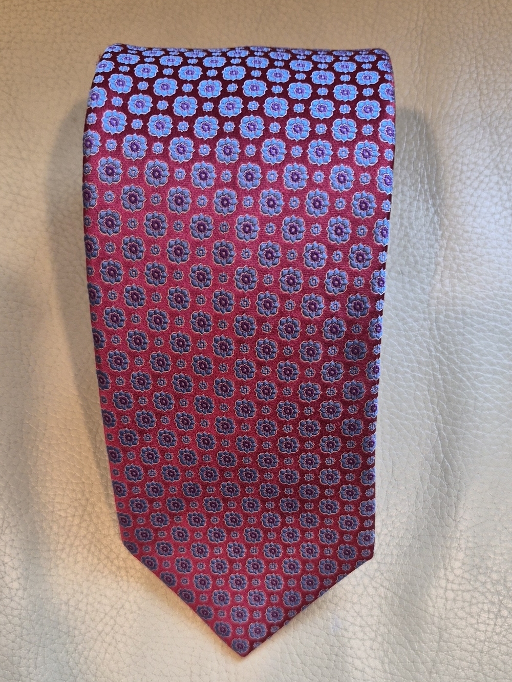 Canali 1934 Made In Italy Burgundy Silk  Tie with Blue Floral Motif